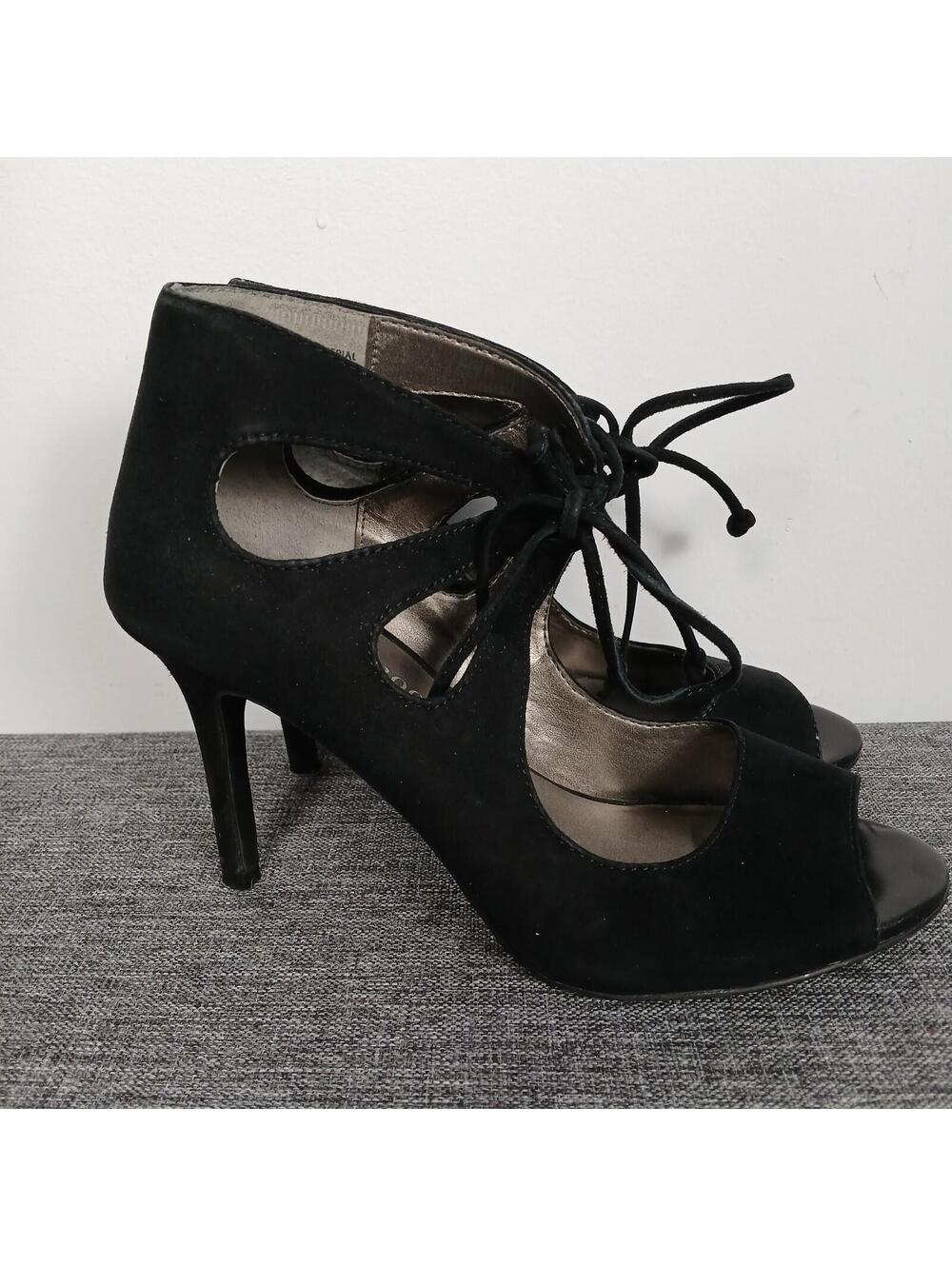 Black Leather Lace Up Heels Peep Toe Stiletto Womens Size 6 Cut Out Pumps